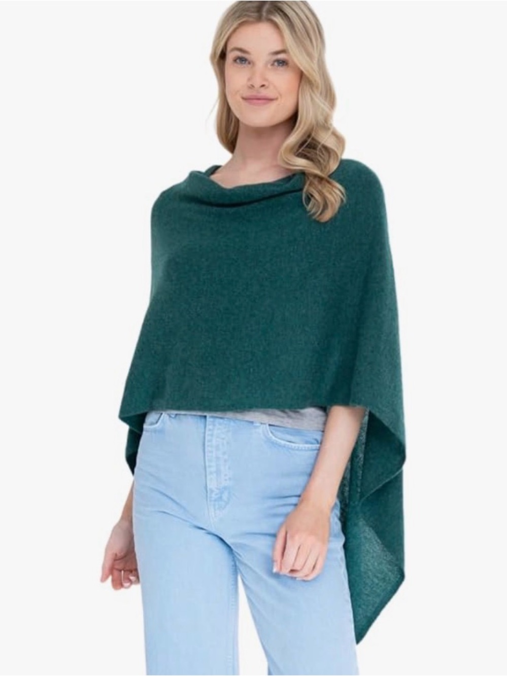 Alashan 100% Cashmere Women’s Teal Knit Poncho with Draped Cowl Neck